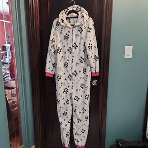 Womens Panda Print One Piece Pajama - White and Pink
